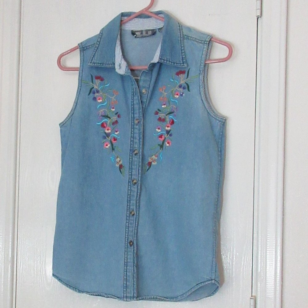 WAY TO GO Blue Denim Sleeveless Top Shirt Small